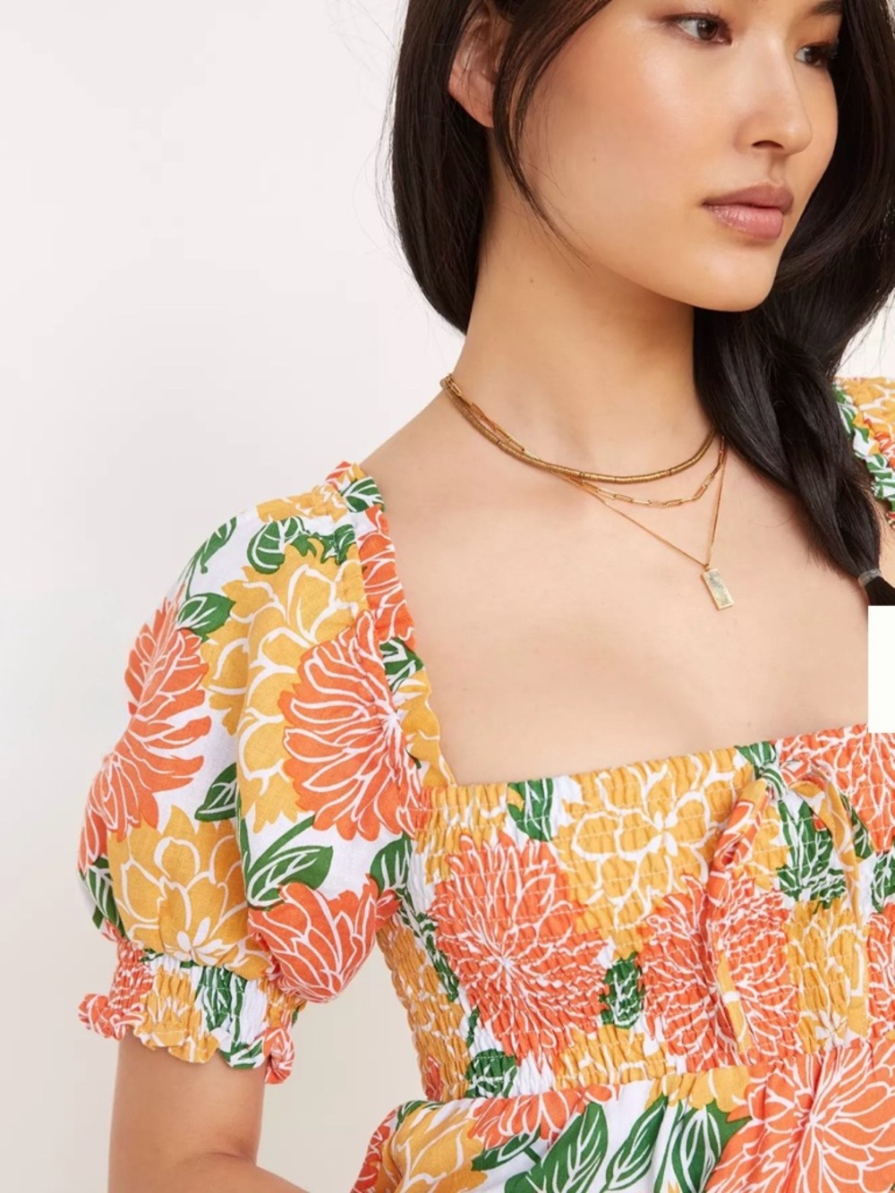 Anthropologie House of Harlow 100% Linen Floral SmockedDressWomen M PuffSleeve - Picture 2 of 10